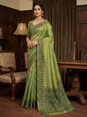 Elegant Pista Green Tissue Linen Saree with Weaving Border Design - Image 1