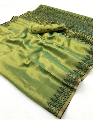 Elegant Pista Green Tissue Linen Saree with Weaving Border Design - Image 2