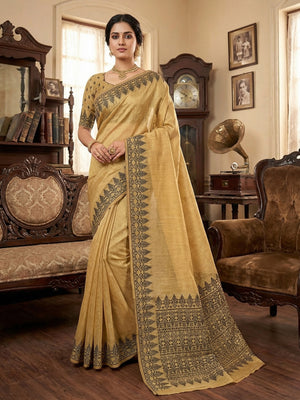 Elegant Beige Tissue Linen Saree with Weaving Border Design - Image 1