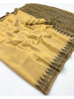 Elegant Beige Tissue Linen Saree with Weaving Border Design - Image 2