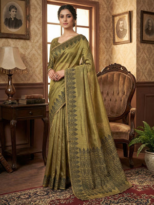 Elegant Mehendi Green Tissue Linen Saree with Weaving Border Design - Image 1
