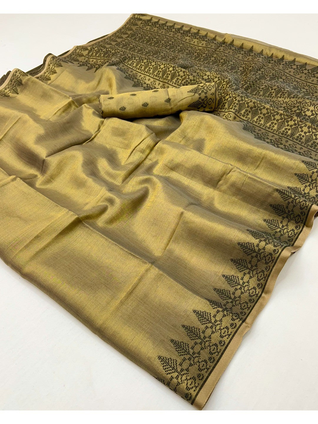 Elegant Mehendi Green Tissue Linen Saree with Weaving Border Design - Image 3