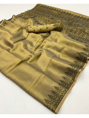 Elegant Mehendi Green Tissue Linen Saree with Weaving Border Design - Image 2