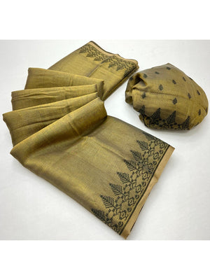 Elegant Mehendi Green Tissue Linen Saree with Weaving Border Design - Image 2