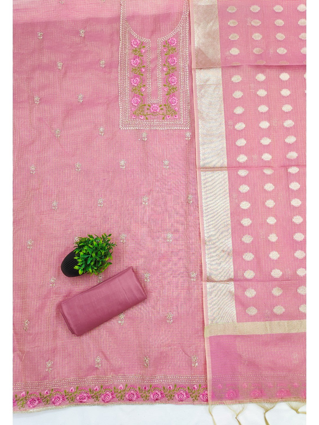 Charming Pink Kota Doria Banarasi Dress Material Enhanced With Fine Floral Threadwork Embroidery - Image 2