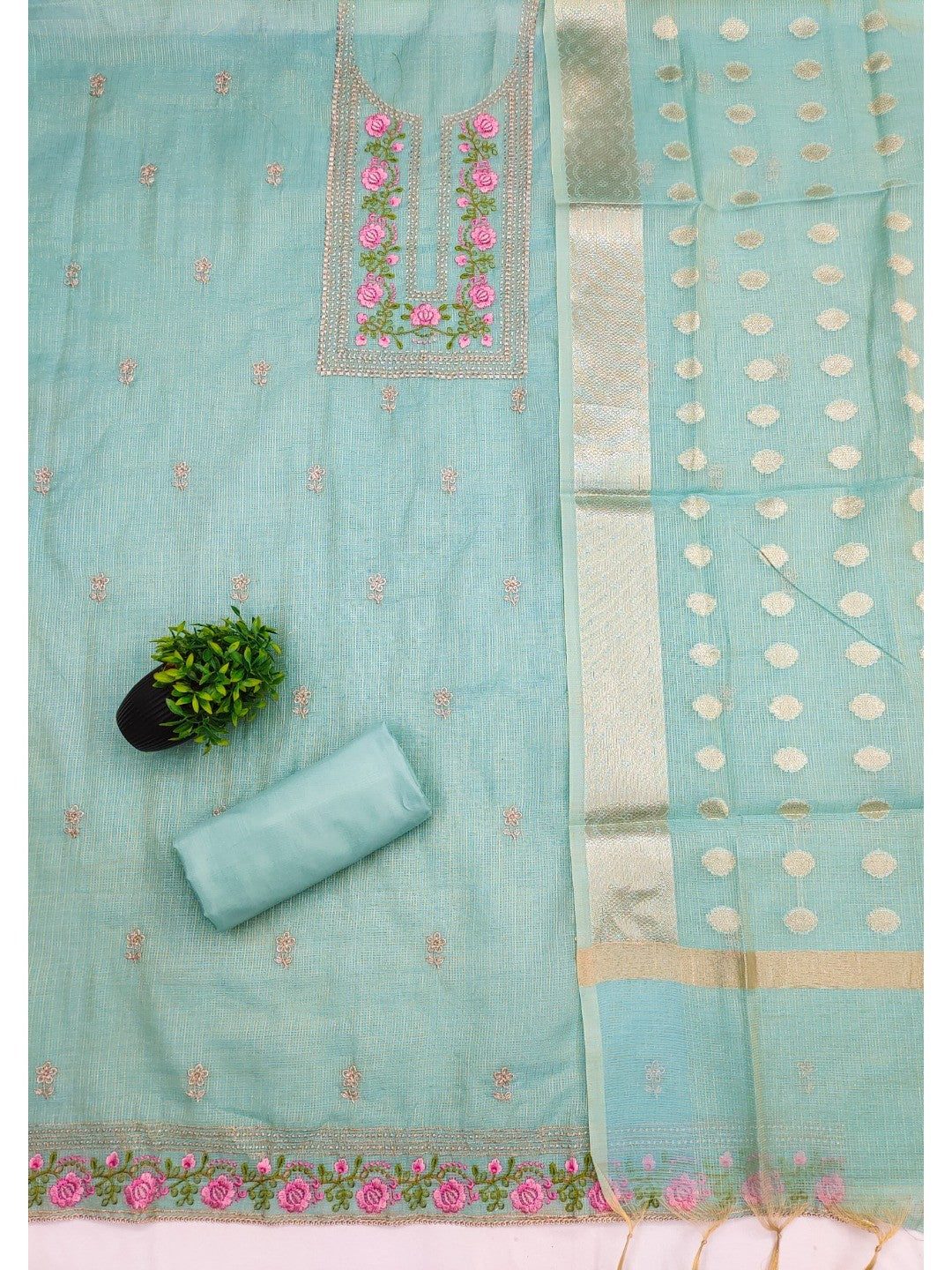 Charming Blue Kota Doria Banarasi Dress Material Enhanced With Fine Floral Threadwork Embroidery - Image 2