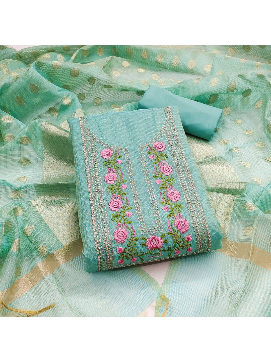 Charming Blue Kota Doria Banarasi Dress Material Enhanced With Fine Floral Threadwork Embroidery - Image 3