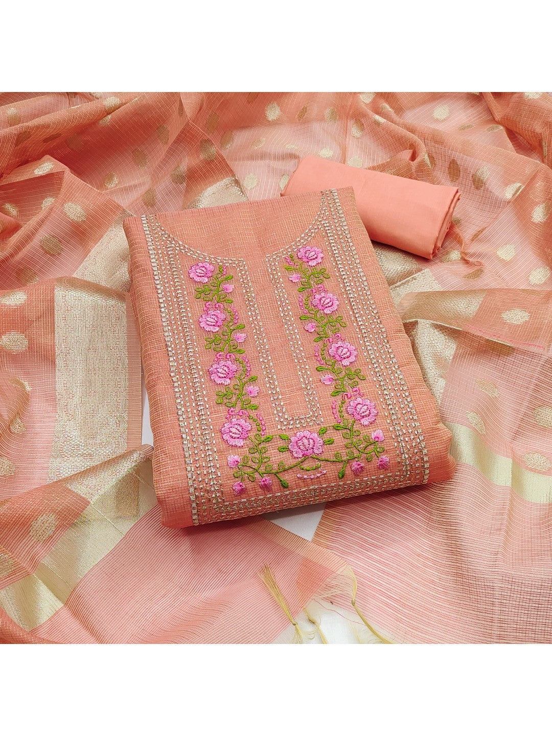 Charming Peach Kota Doria Banarasi Dress Material Enhanced With Fine Floral Threadwork Embroidery - Image 2