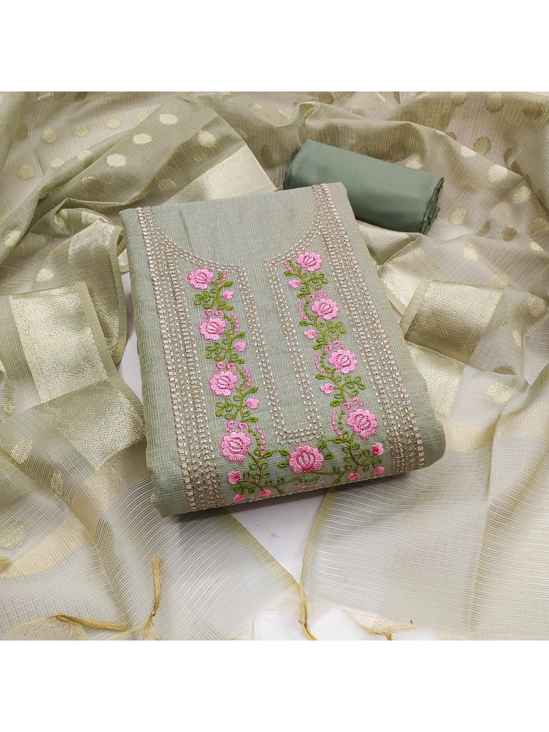 Charming Grey Kota Doria Banarasi Dress Material Enhanced With Fine Floral Threadwork Embroidery - Image 2