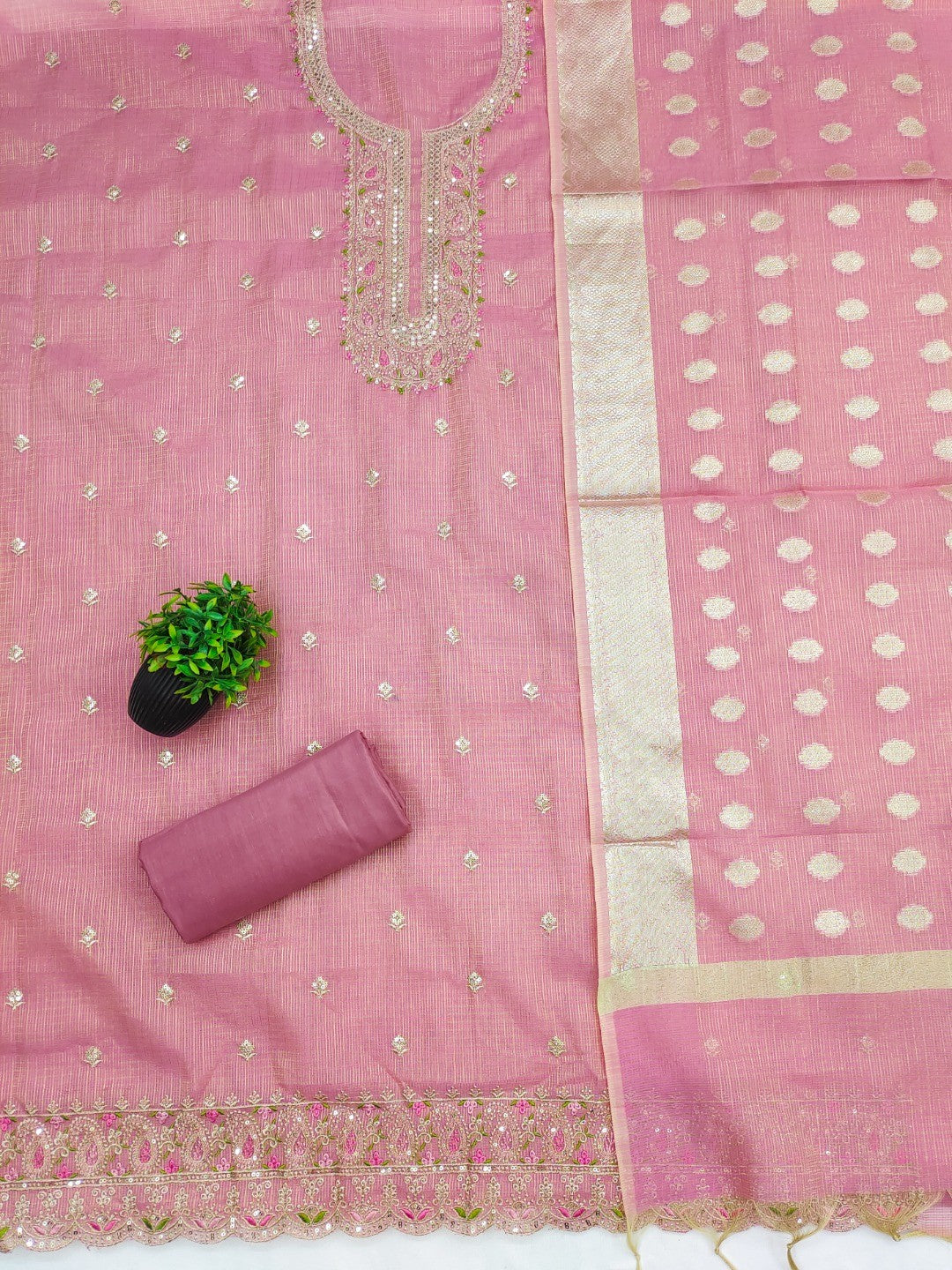 Classic Pink Kota Doria Banarasi Dress Material Embellished With Floral Sequins Embroidery Work - Image 2