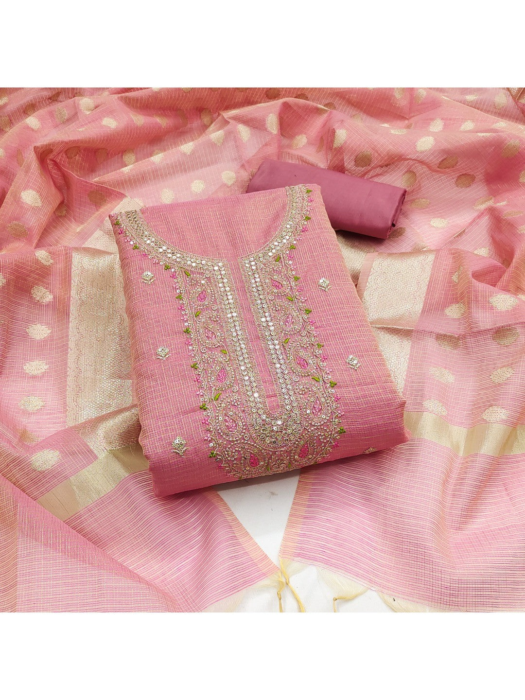Classic Pink Kota Doria Banarasi Dress Material Embellished With Floral Sequins Embroidery Work - Image 3