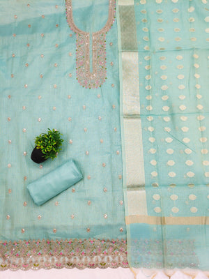 Classic Blue Kota Doria Banarasi Dress Material Embellished With Floral Sequins Embroidery Work - Image 2