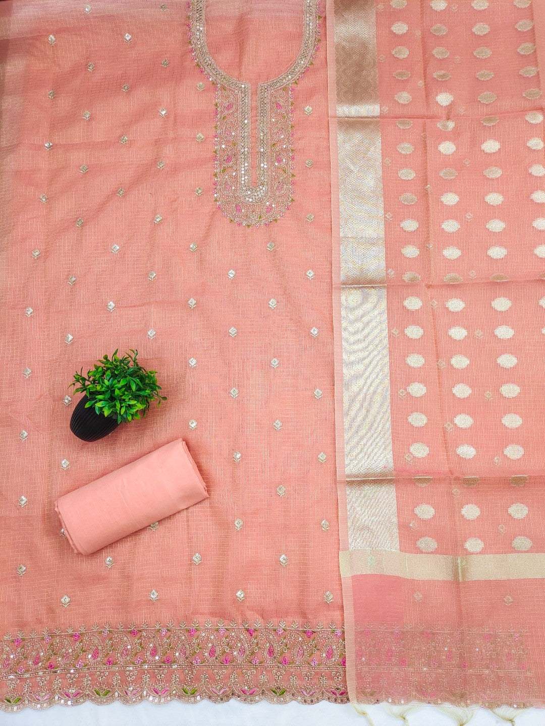 Classic Peach Kota Doria Banarasi Dress Material Embellished With Floral Sequins Embroidery Work - Image 3