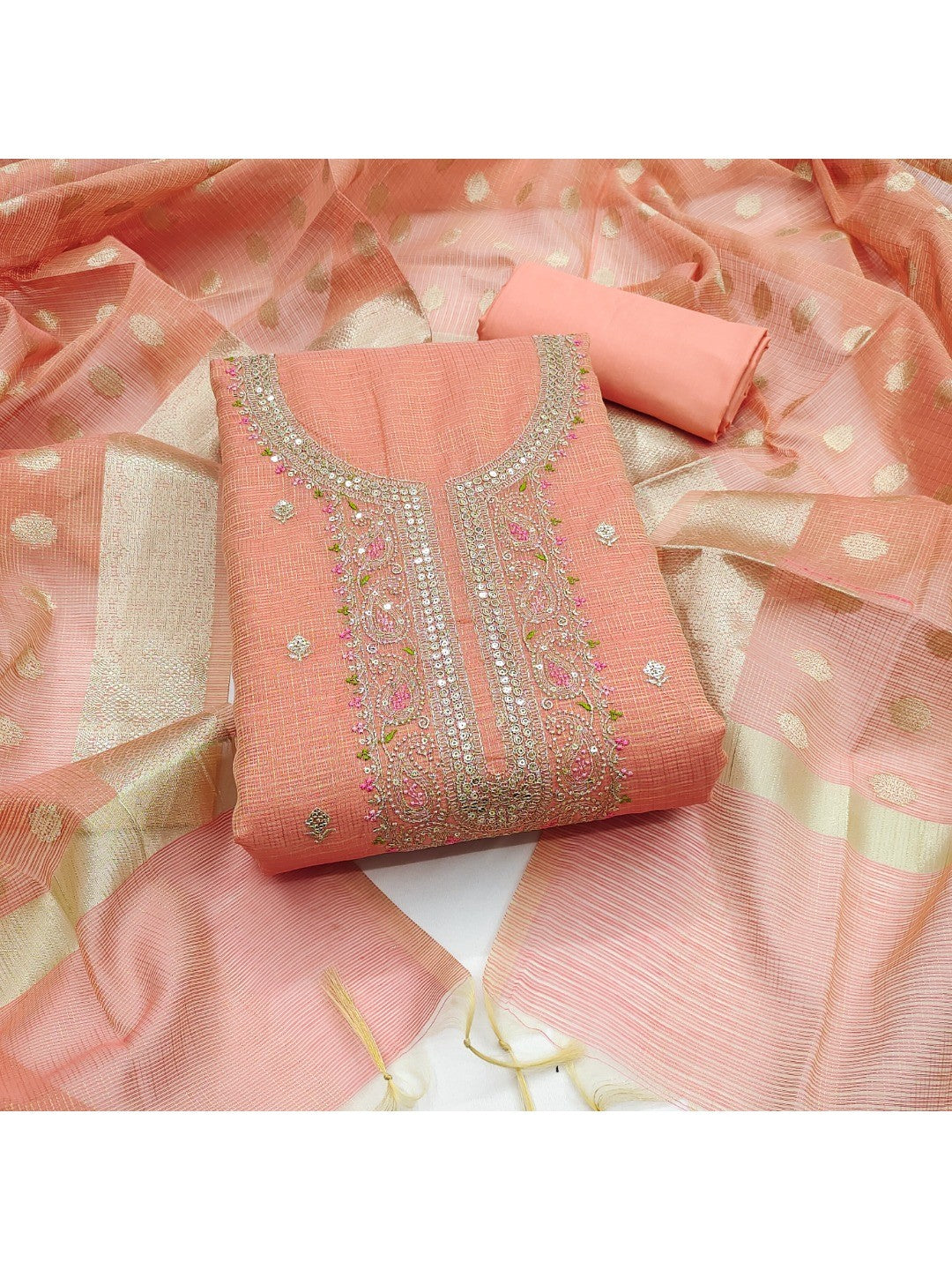 Classic Peach Kota Doria Banarasi Dress Material Embellished With Floral Sequins Embroidery Work - Image 1