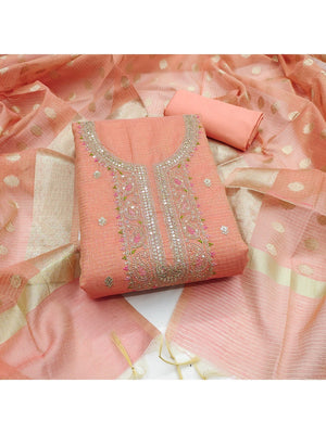 Classic Peach Kota Doria Banarasi Dress Material Embellished With Floral Sequins Embroidery Work - Image 1