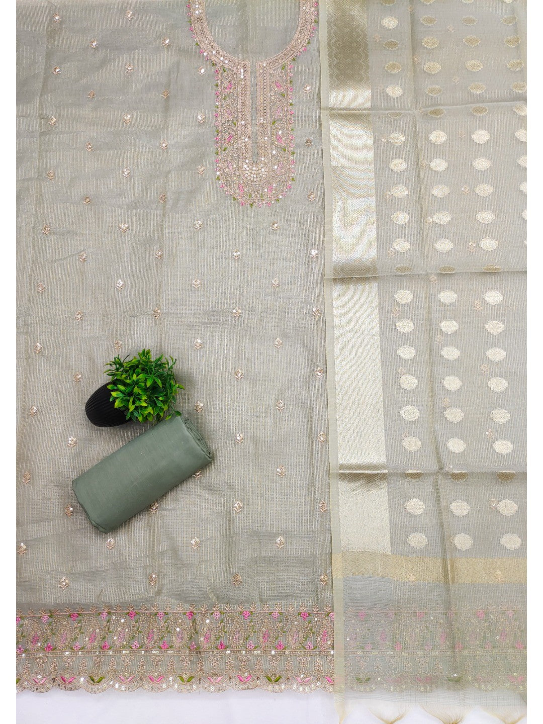 Classic Grey Kota Doria Banarasi Dress Material Embellished With Floral Sequins Embroidery Work - Image 3