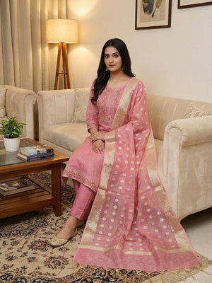 Charming Pink Kota Doria Banarasi Dress Material Enhanced With Fine Floral Threadwork Embroidery - Image 1
