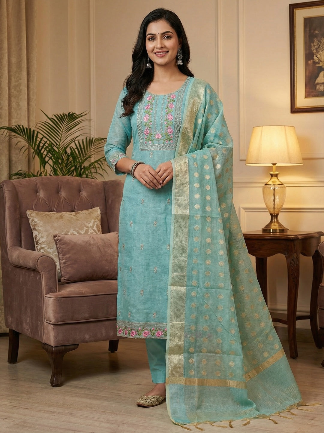 Charming Blue Kota Doria Banarasi Dress Material Enhanced With Fine Floral Threadwork Embroidery - Image 1