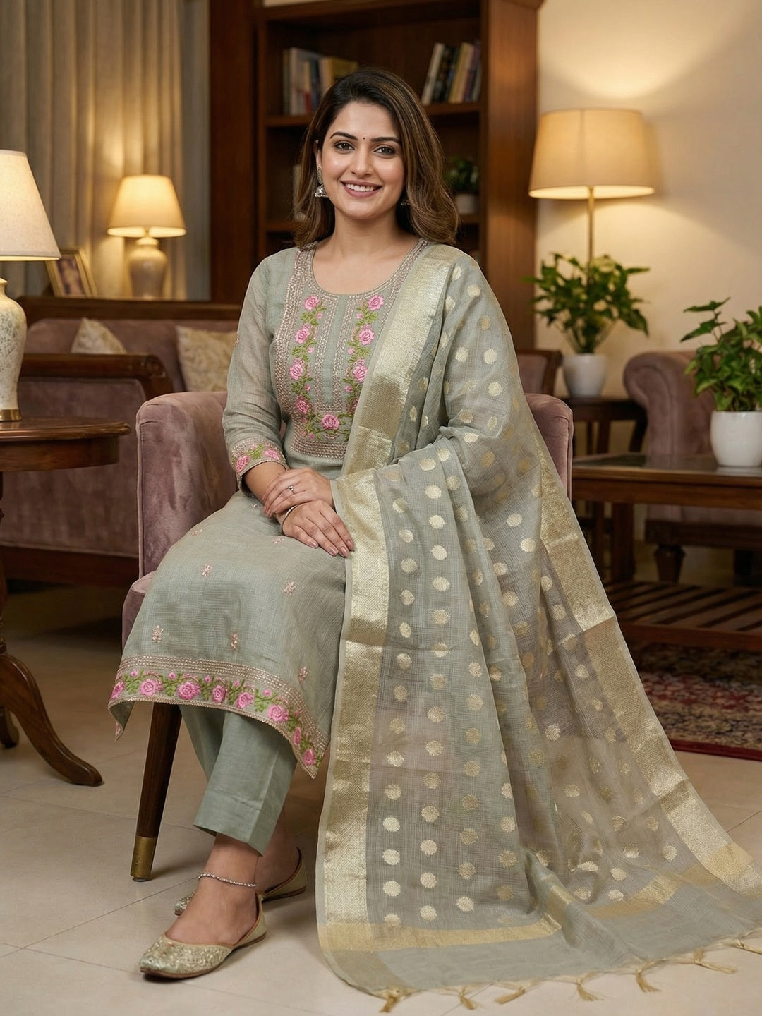 Charming Grey Kota Doria Banarasi Dress Material Enhanced With Fine Floral Threadwork Embroidery - Image 1