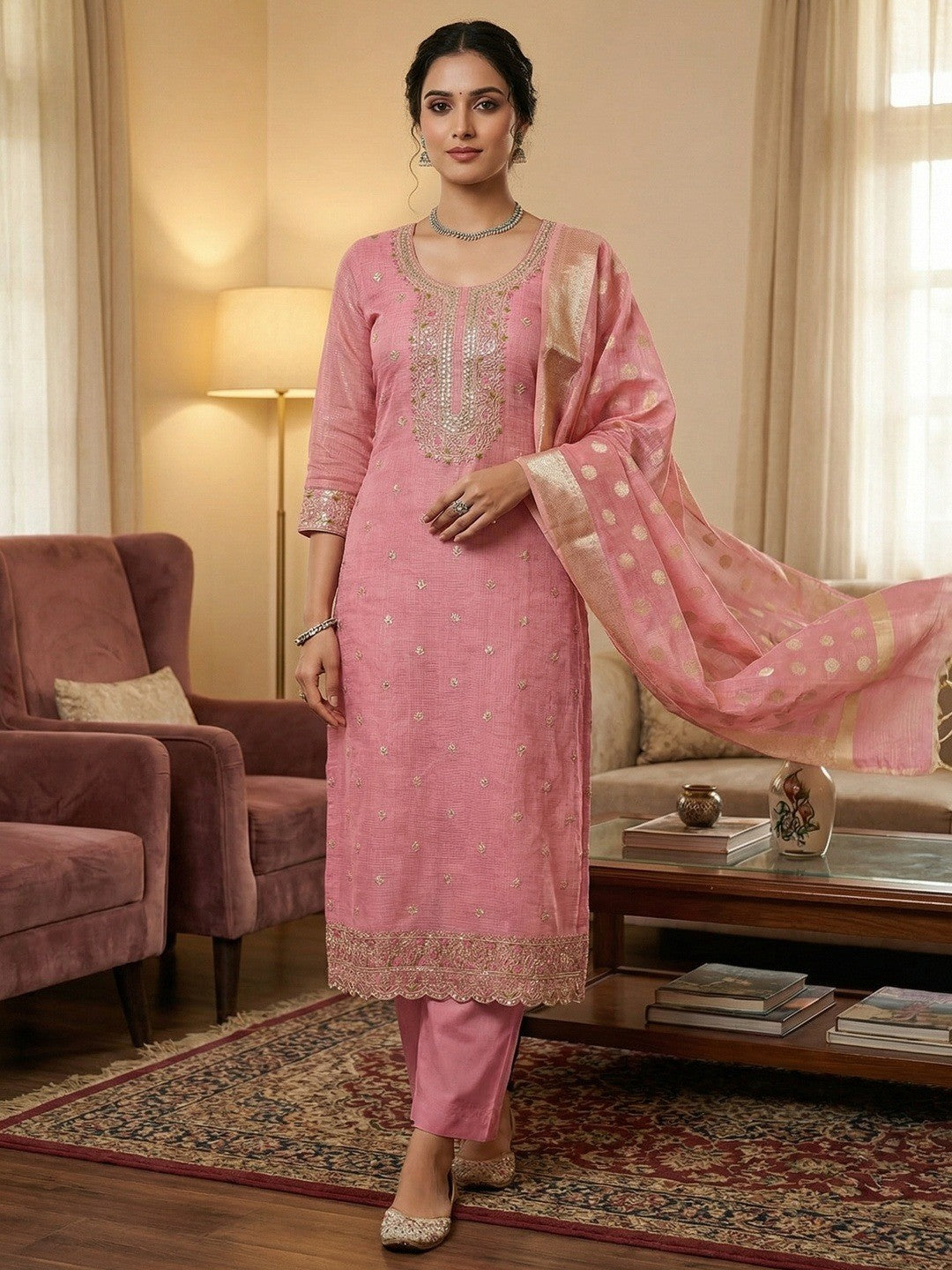 Classic Pink Kota Doria Banarasi Dress Material Embellished With Floral Sequins Embroidery Work - Image 1