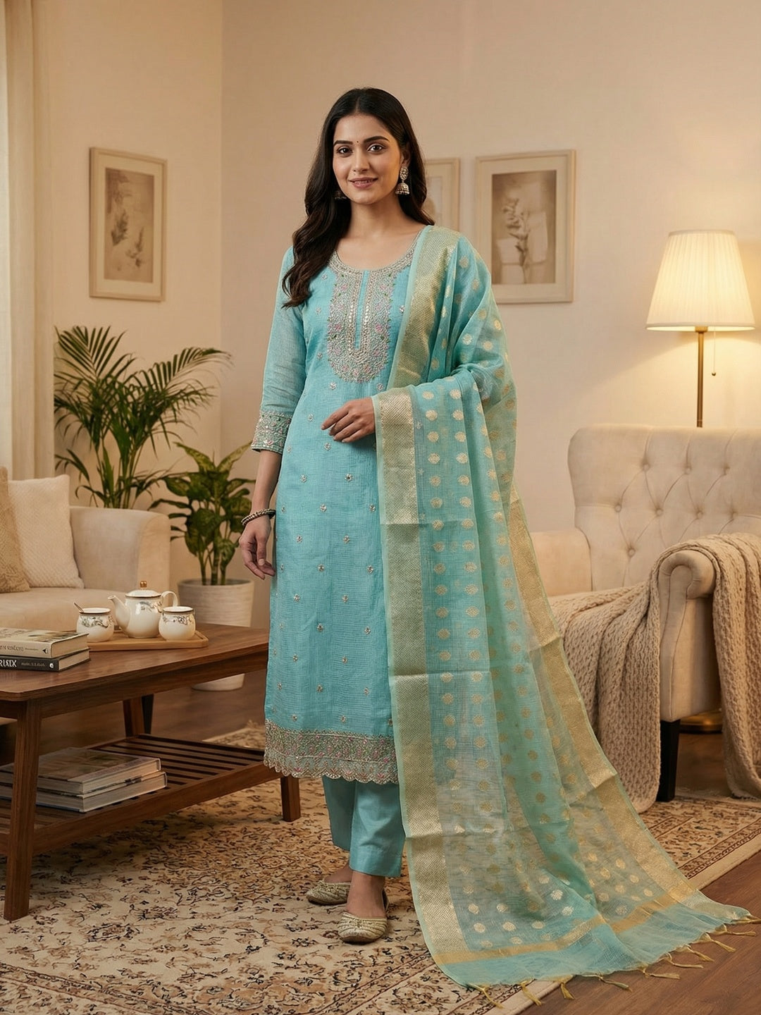 Classic Blue Kota Doria Banarasi Dress Material Embellished With Floral Sequins Embroidery Work - Image 1