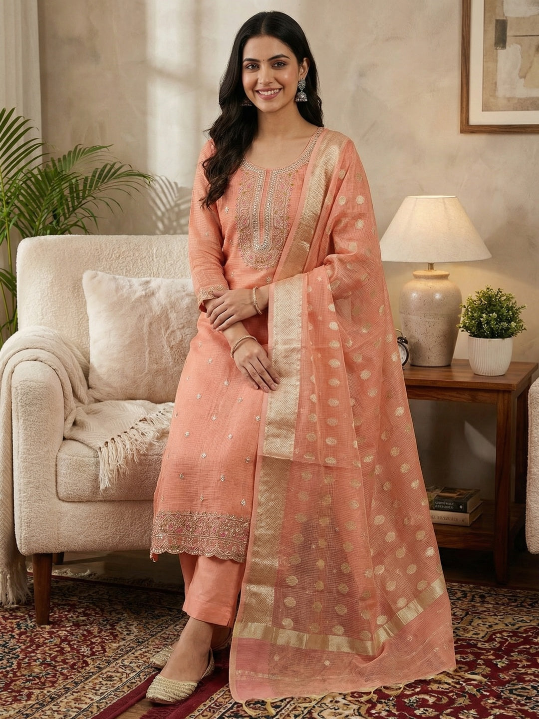 Classic Peach Kota Doria Banarasi Dress Material Embellished With Floral Sequins Embroidery Work - Image 2