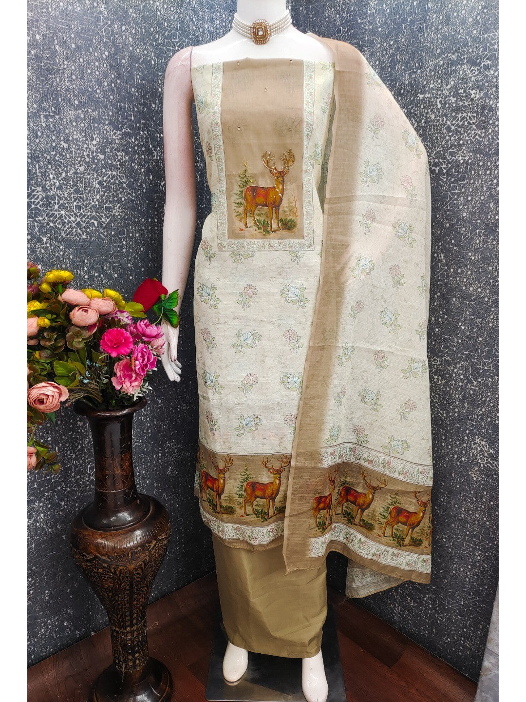 Offwhite & Beige Linen Dress Material with Deer Print and Dupatta - Image 4