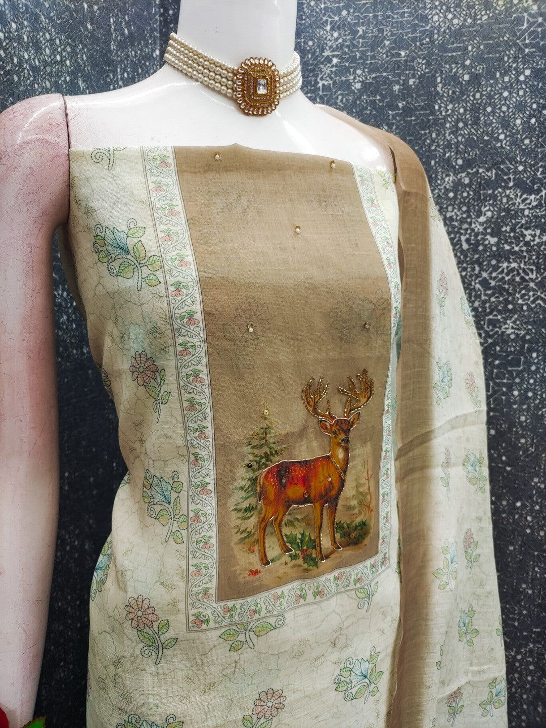Offwhite & Beige Linen Dress Material with Deer Print and Dupatta - Image 3