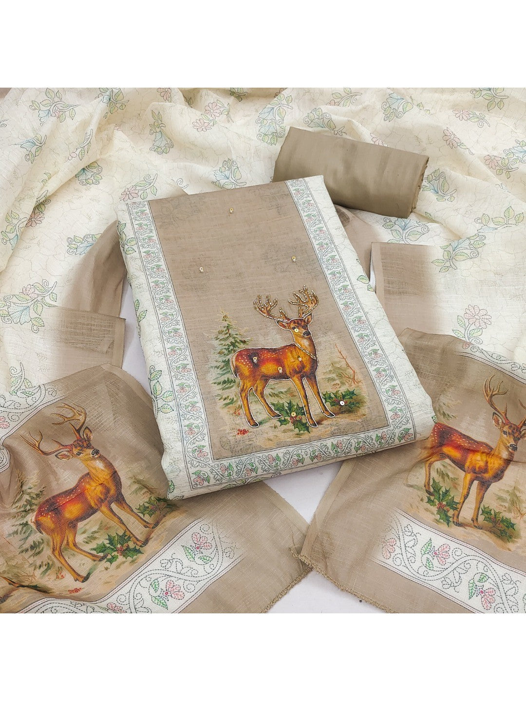 Offwhite & Beige Linen Dress Material with Deer Print and Dupatta - Image 1