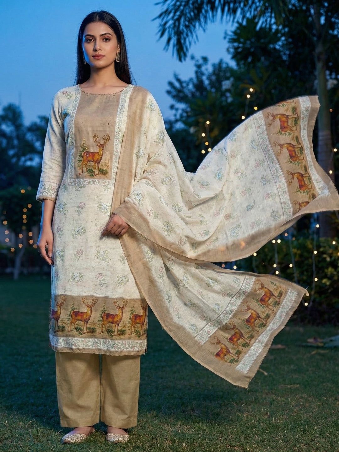 Offwhite & Beige Linen Dress Material with Deer Print and Dupatta - Image 2
