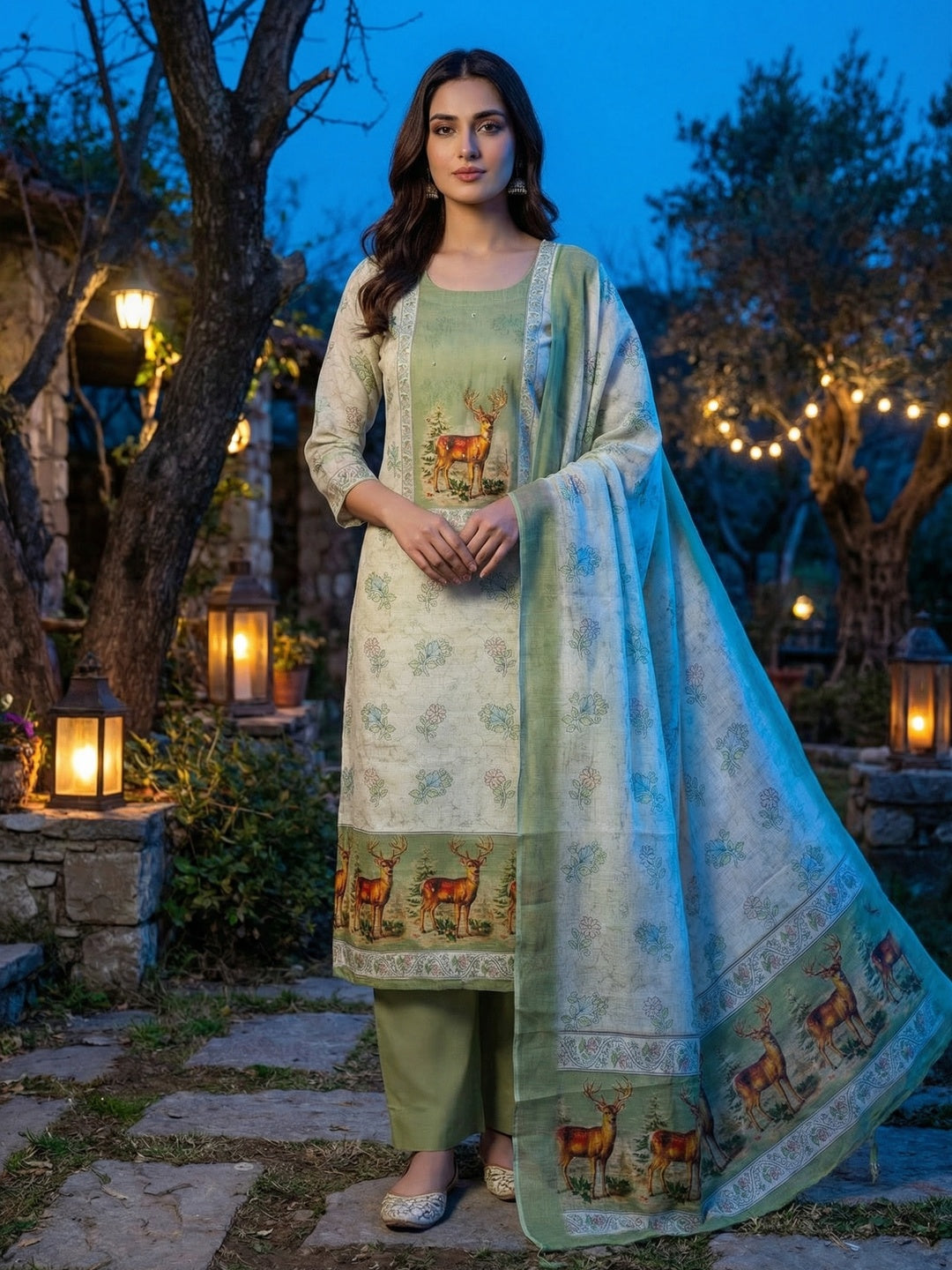 Offwhite & Pista Green Linen Dress Material with Deer Print and Dupatta - Image 2