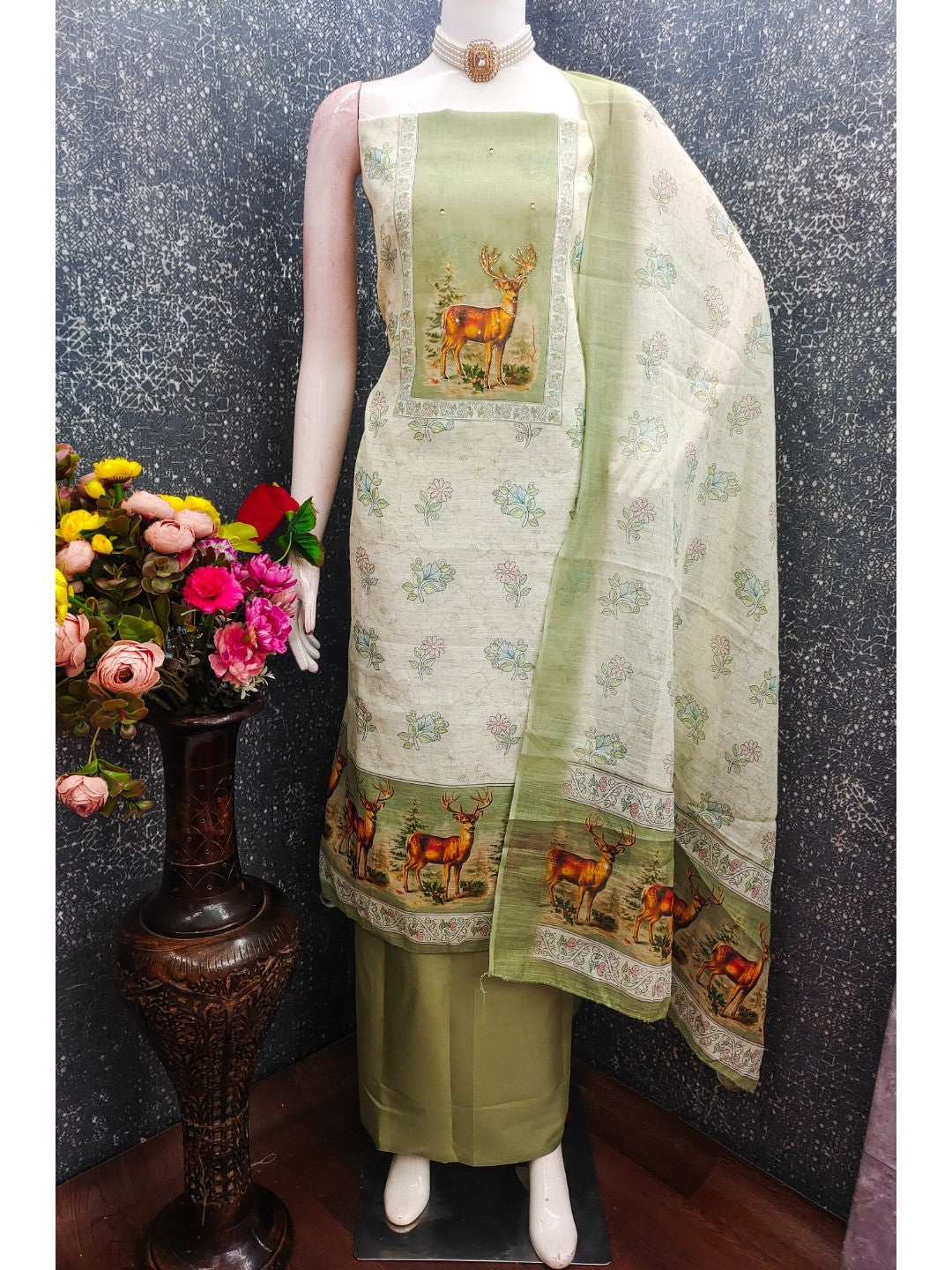 Offwhite & Pista Green Linen Dress Material with Deer Print and Dupatta - Image 3