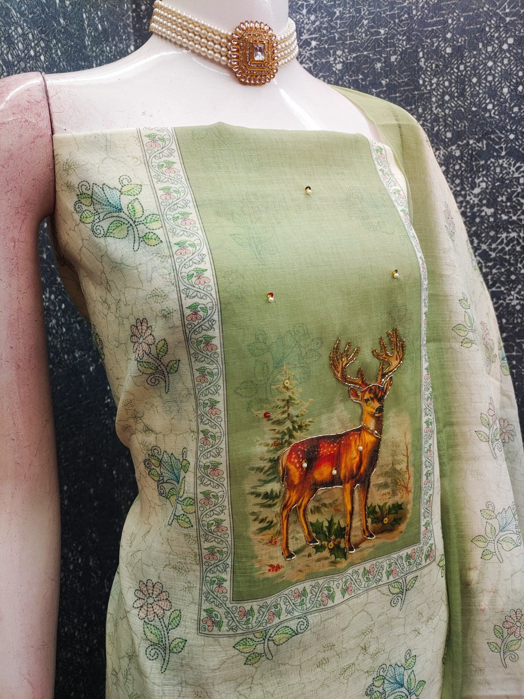 Offwhite & Pista Green Linen Dress Material with Deer Print and Dupatta - Image 4