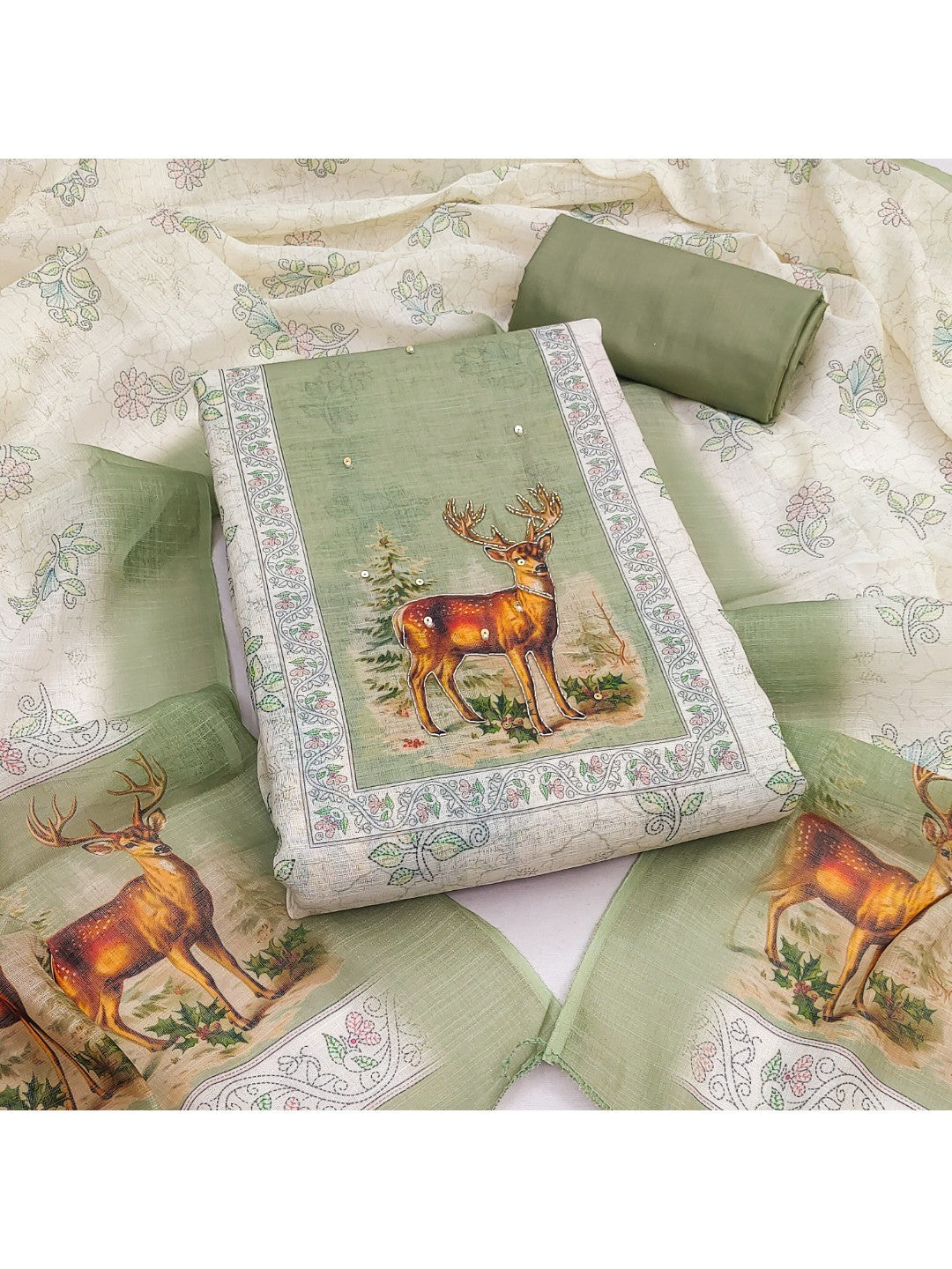 Offwhite & Pista Green Linen Dress Material with Deer Print and Dupatta - Image 1