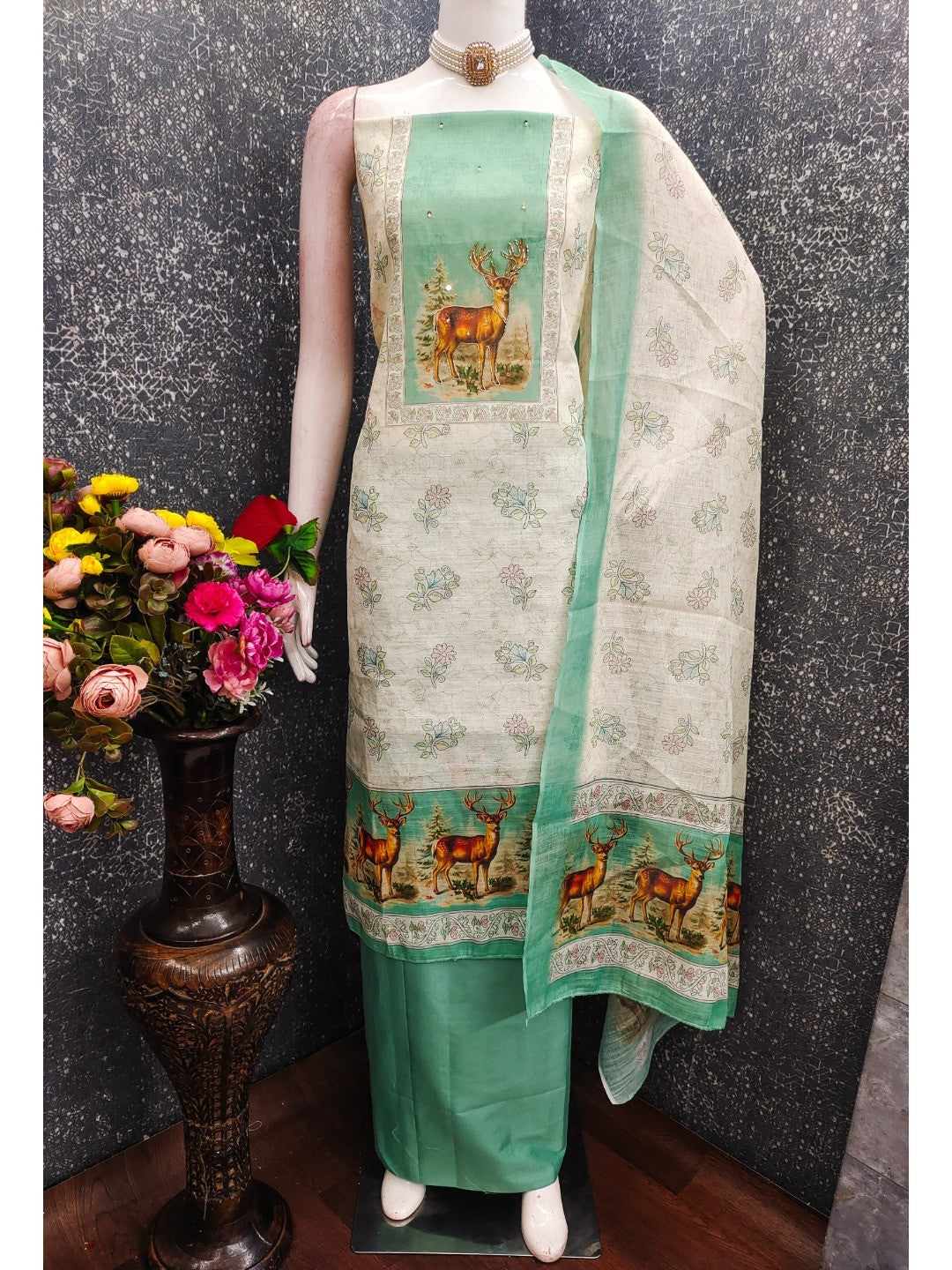 Offwhite & Mint Green Linen Dress Material with Deer Print and Dupatta - Image 4