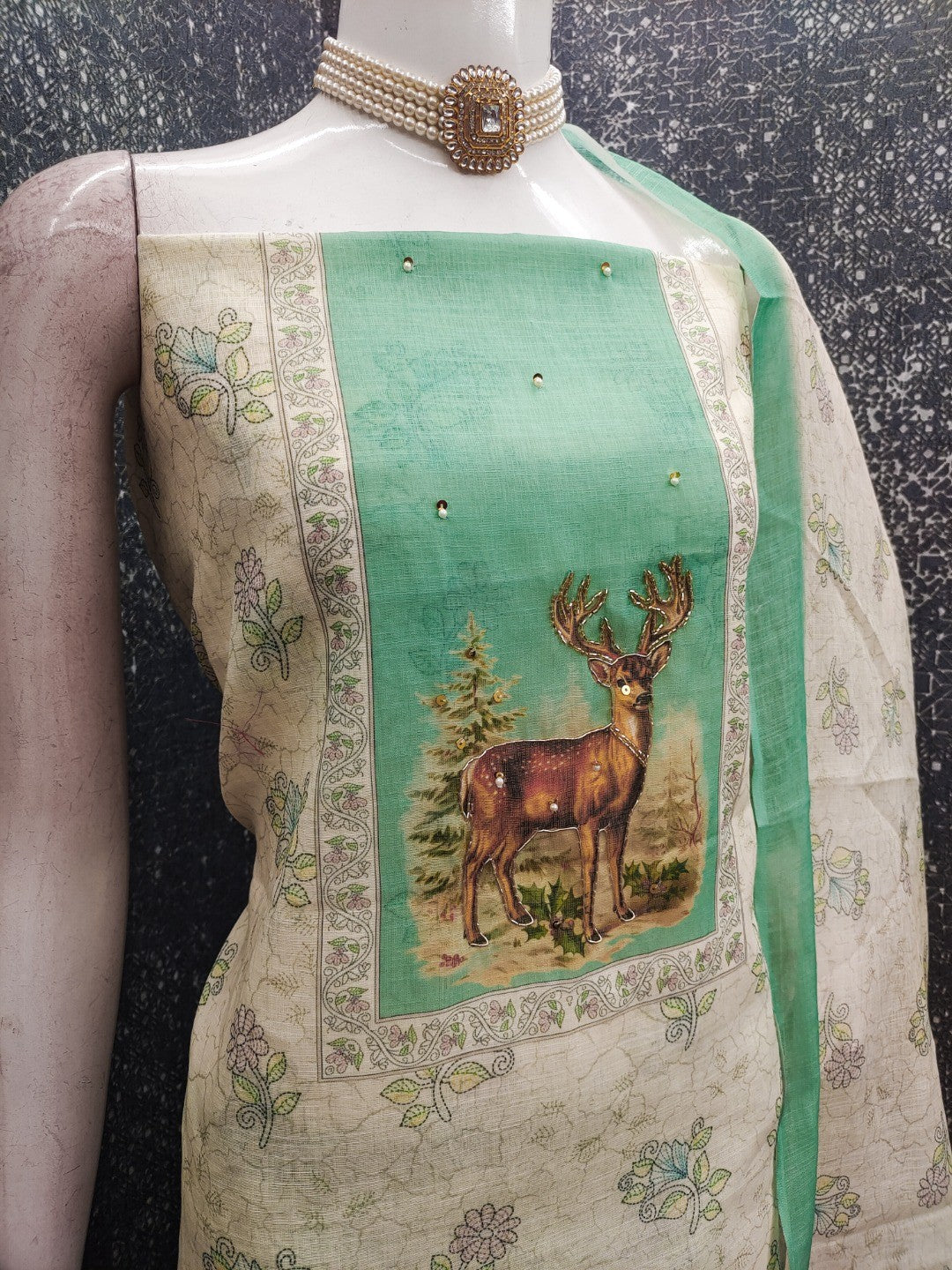 Offwhite & Mint Green Linen Dress Material with Deer Print and Dupatta - Image 4
