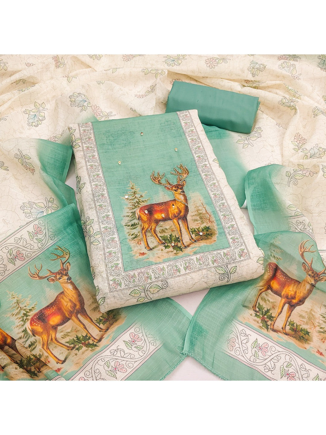Offwhite & Mint Green Linen Dress Material with Deer Print and Dupatta - Image 3