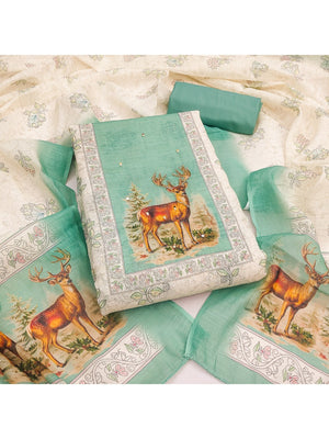 Offwhite & Mint Green Linen Dress Material with Deer Print and Dupatta - Image 2