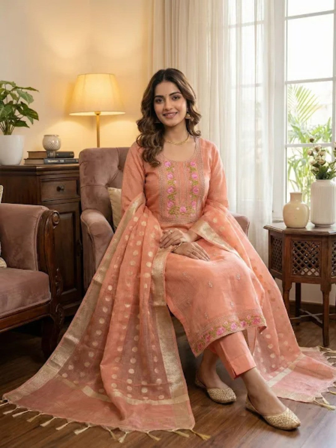 Charming Peach Kota Doria Banarasi Dress Material Enhanced With Fine Floral Threadwork Embroidery - Image 1
