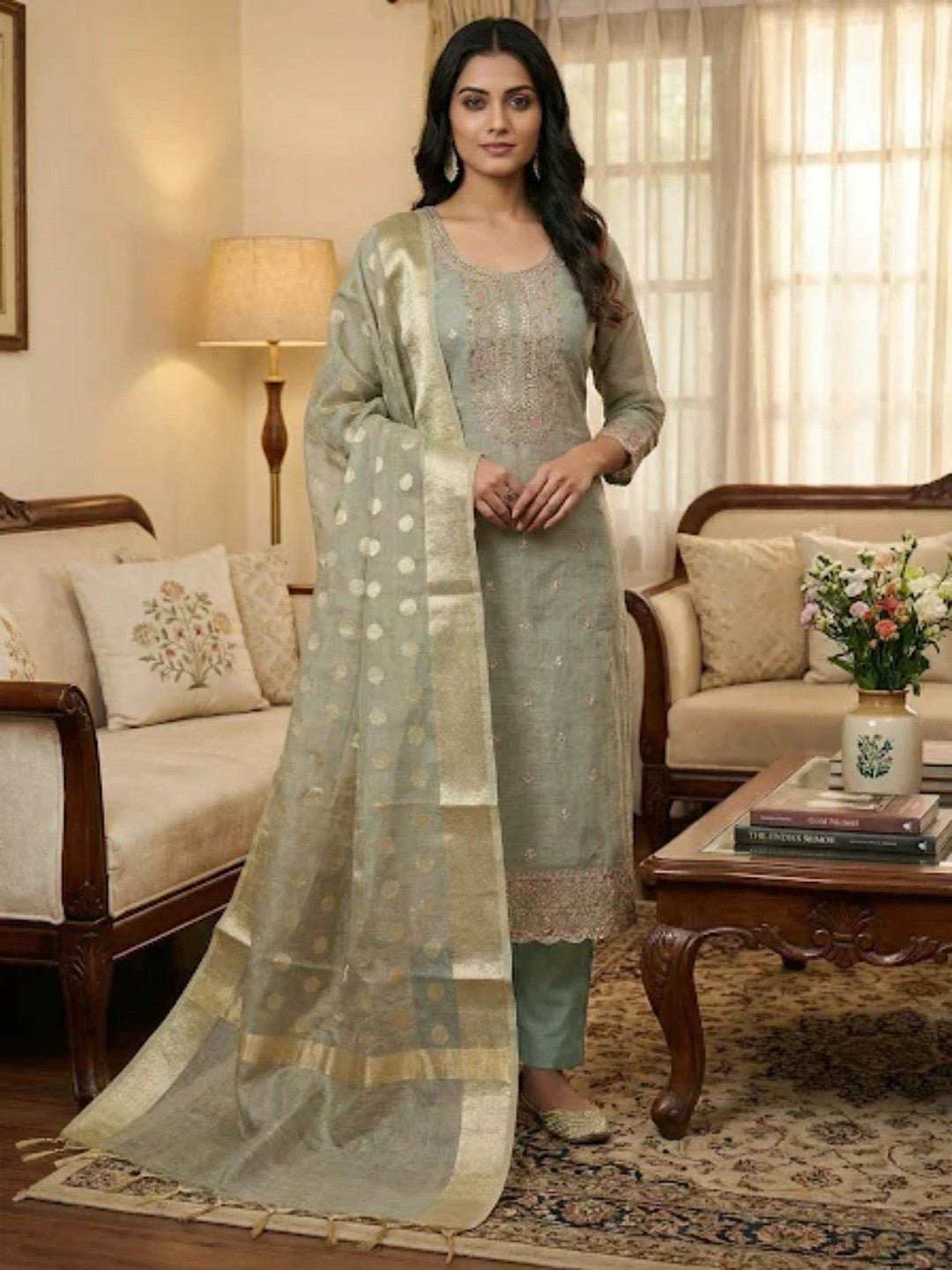 Classic Grey Kota Doria Banarasi Dress Material Embellished With Floral Sequins Embroidery Work - Image 2
