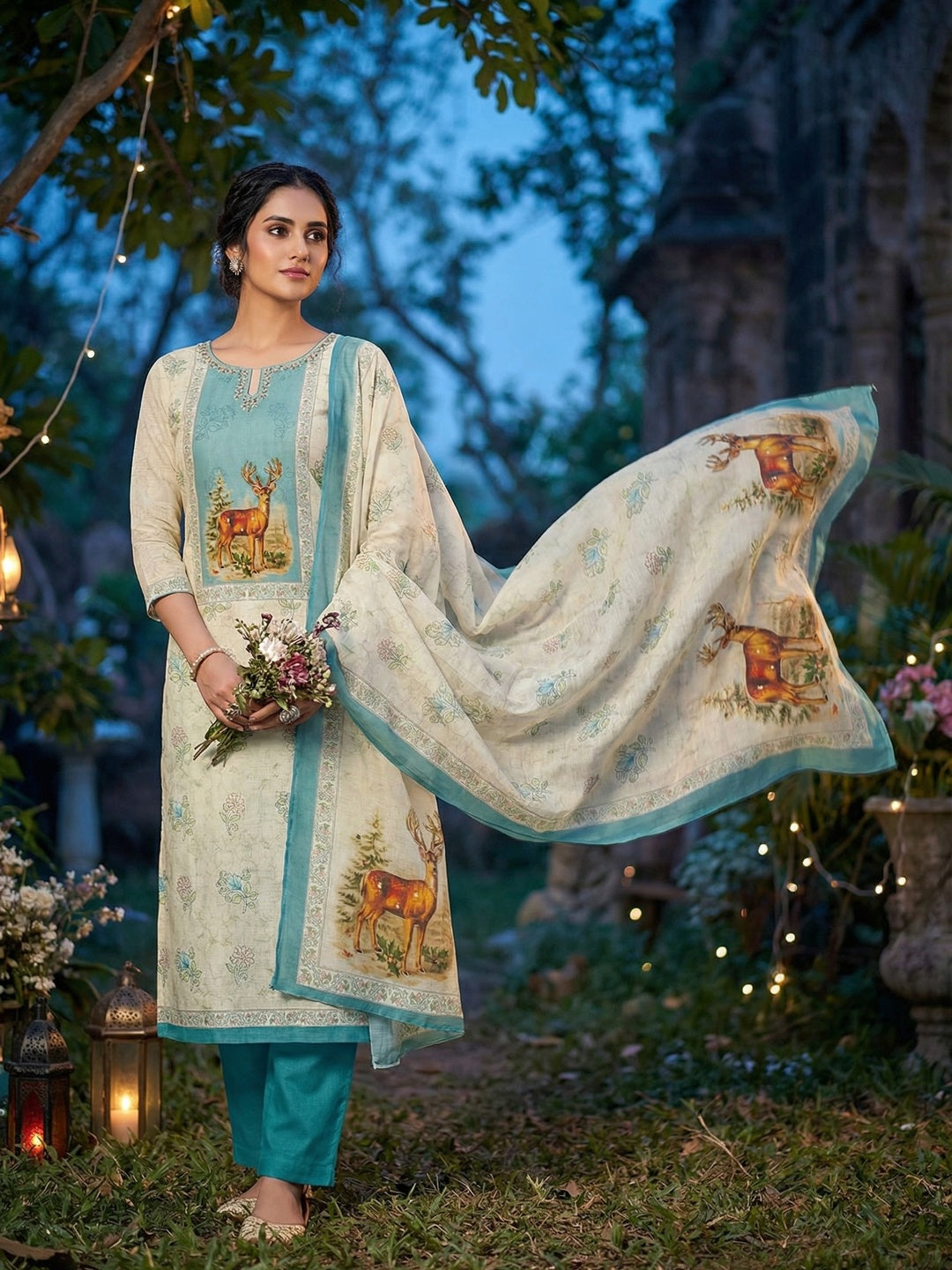 Offwhite & Blue Linen Dress Material with Deer Print and Dupatta - Image 3
