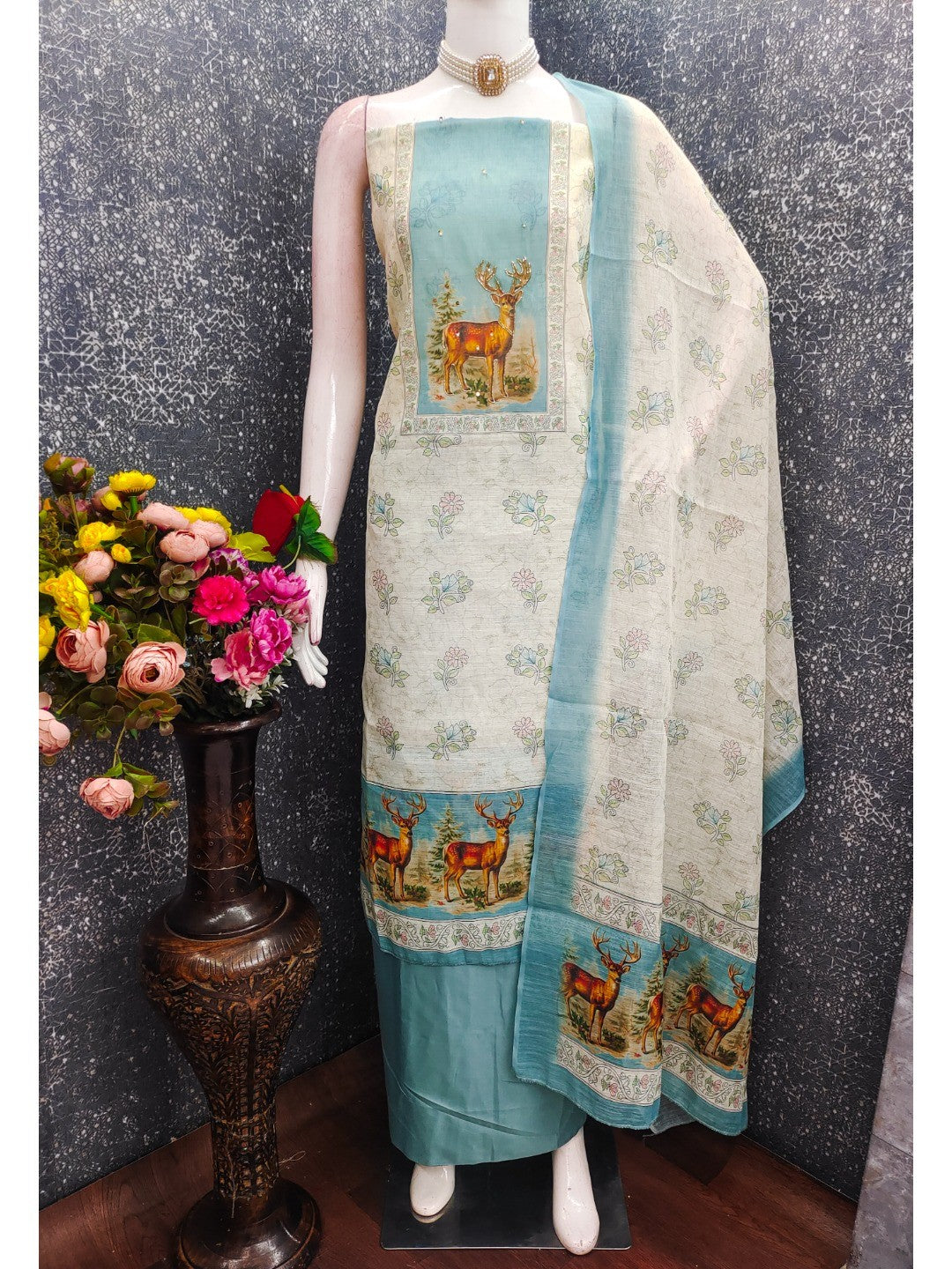 Offwhite & Blue Linen Dress Material with Deer Print and Dupatta - Image 5