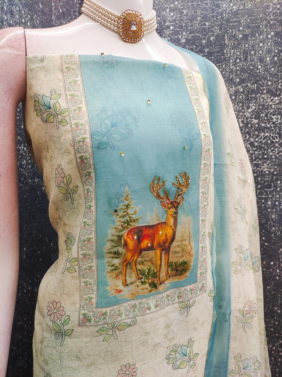 Offwhite & Blue Linen Dress Material with Deer Print and Dupatta - Image 4