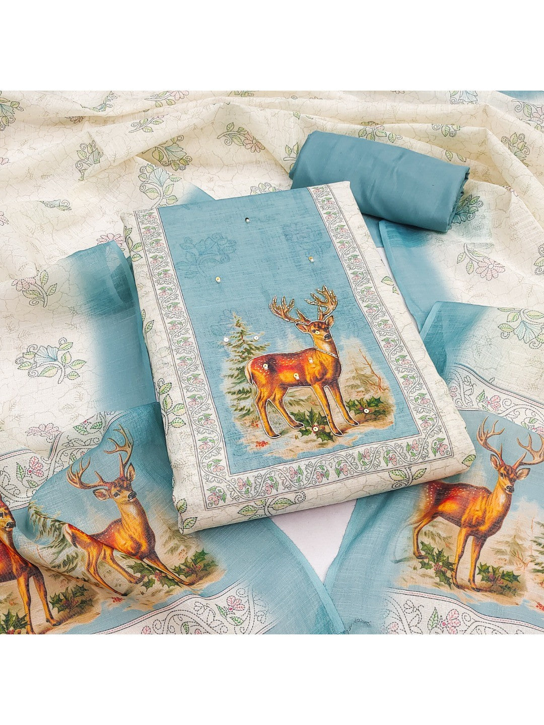 Offwhite & Blue Linen Dress Material with Deer Print and Dupatta - Image 1