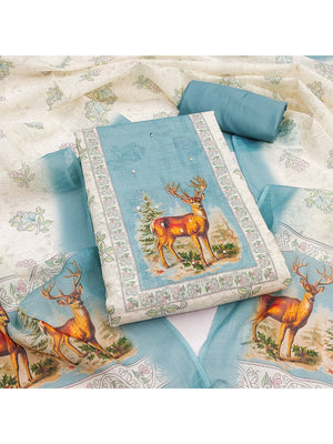 Offwhite & Blue Linen Dress Material with Deer Print and Dupatta - Image 1