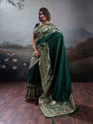 Rich Green Floral & Peacock Motif Weaving Silk Blend Saree With Decorative Tassel Pallu - Image 2