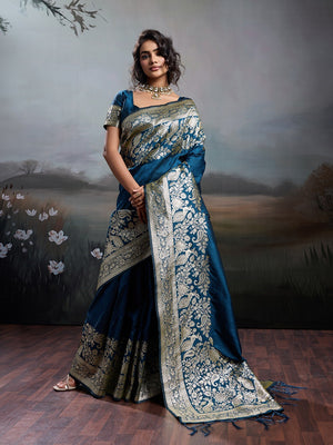 Rich Morpich Blue Floral & Peacock Motif Weaving Silk Blend Saree With Decorative Tassel Pallu - Image 1