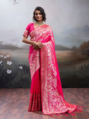 Rich Rani Pink Floral & Peacock Motif Weaving Silk Blend Saree With Decorative Tassel Pallu - Image 1