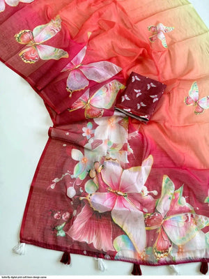 Elegant Multicolor Ombre Floral Digital Printed Saree With Butterfly Motif Work & Elegant Pallu - Image 2