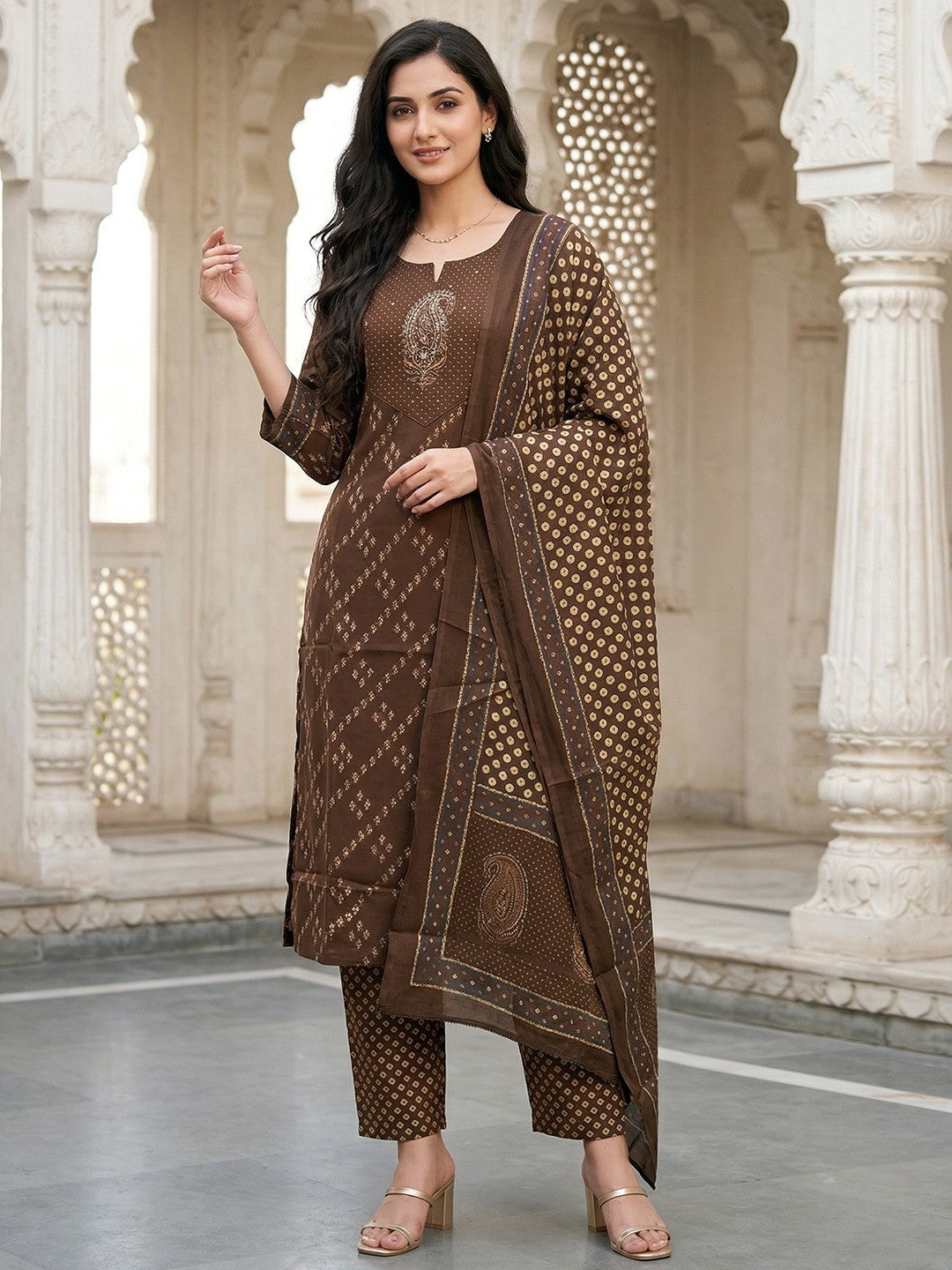 Brown Paisley Printed Pure Cotton Salwar Suit Set with Traditional Design - Image 1
